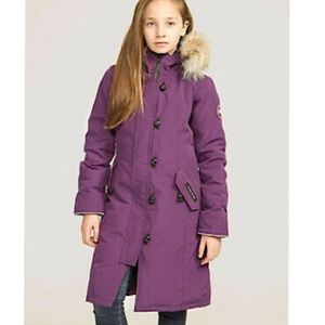 Canada Goose Kid's Brittania Coyote Fur-Trim Down Parka Purple SZ M/10-12